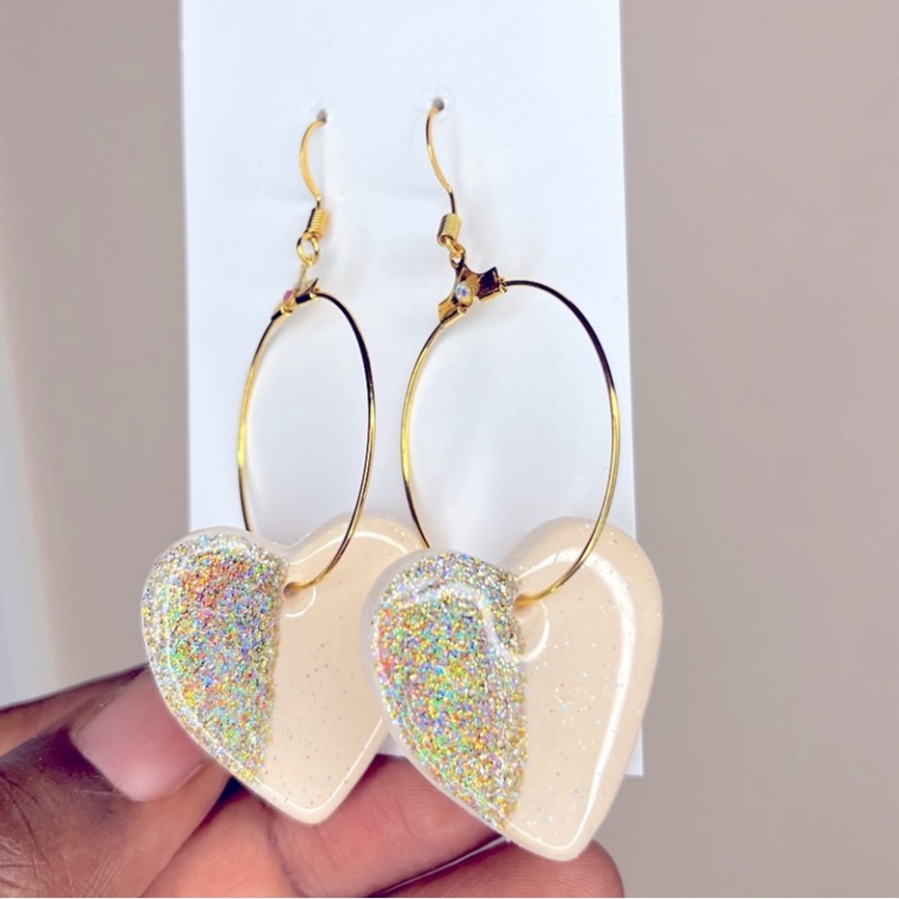 Gold Heart Hoop Earrings with Glitter Accents